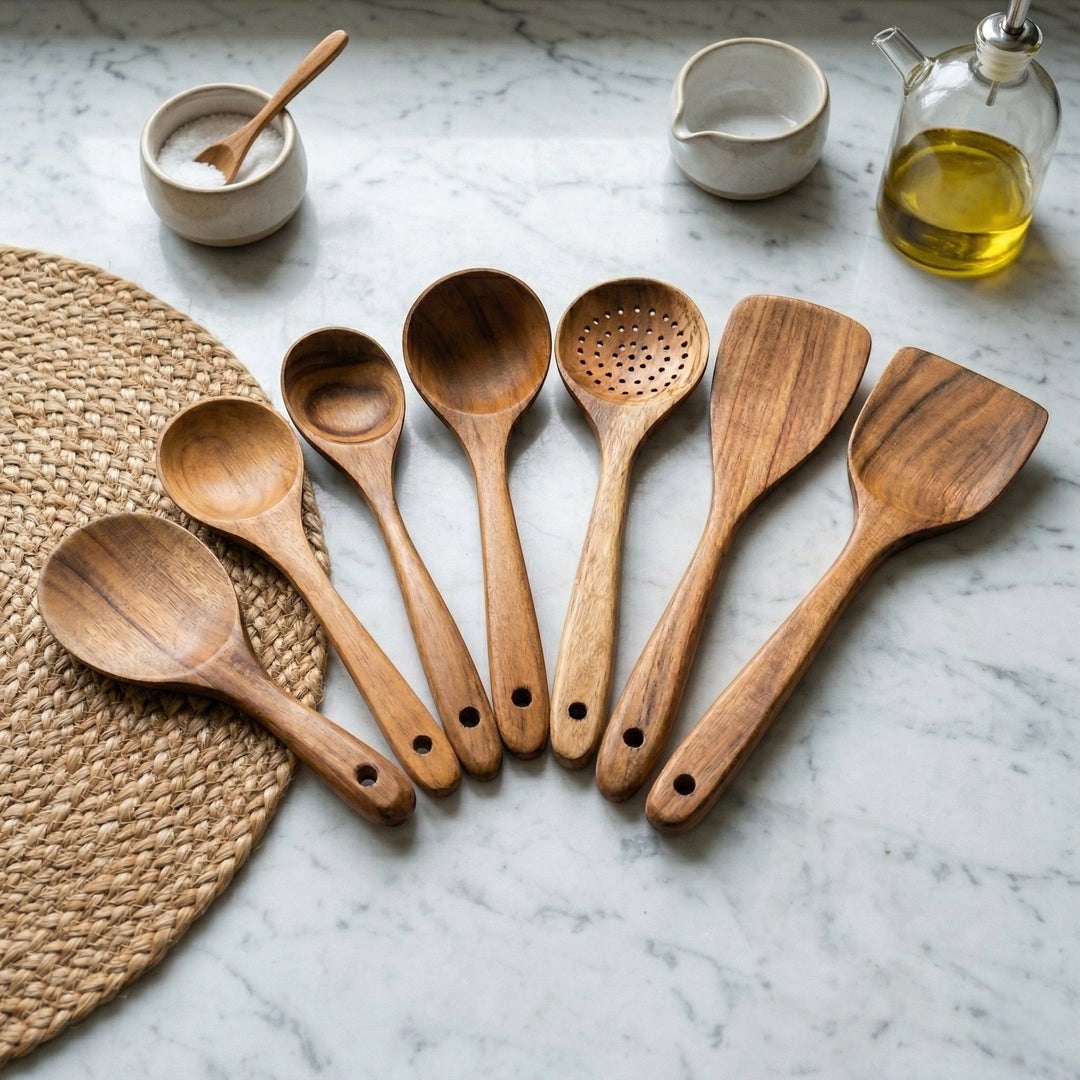 Wooden cooking utensil set with various kitchen tools - Cooking Utensils - Oaksoho