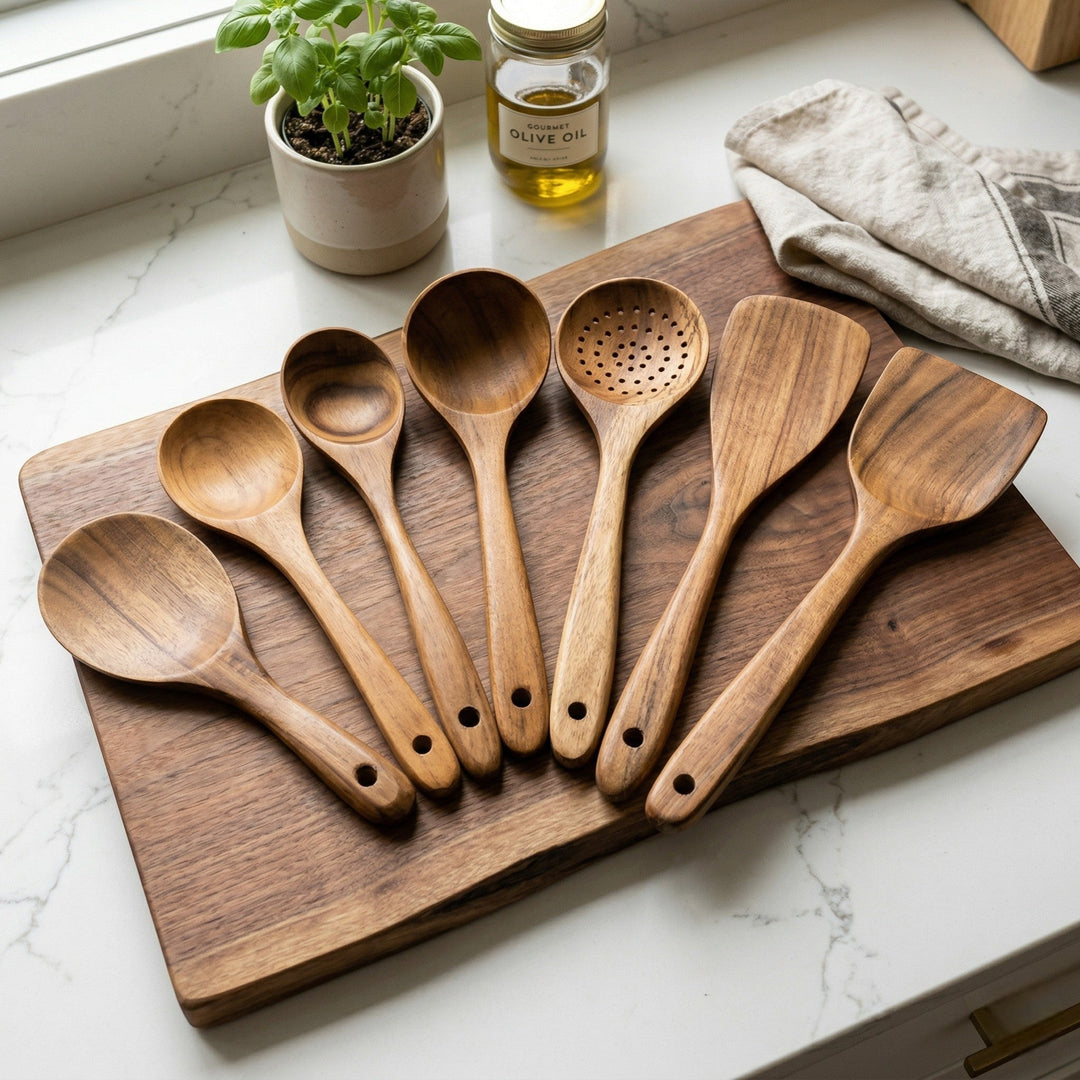 Wooden cooking utensil set with various kitchen tools - Cooking Utensils - Oaksoho