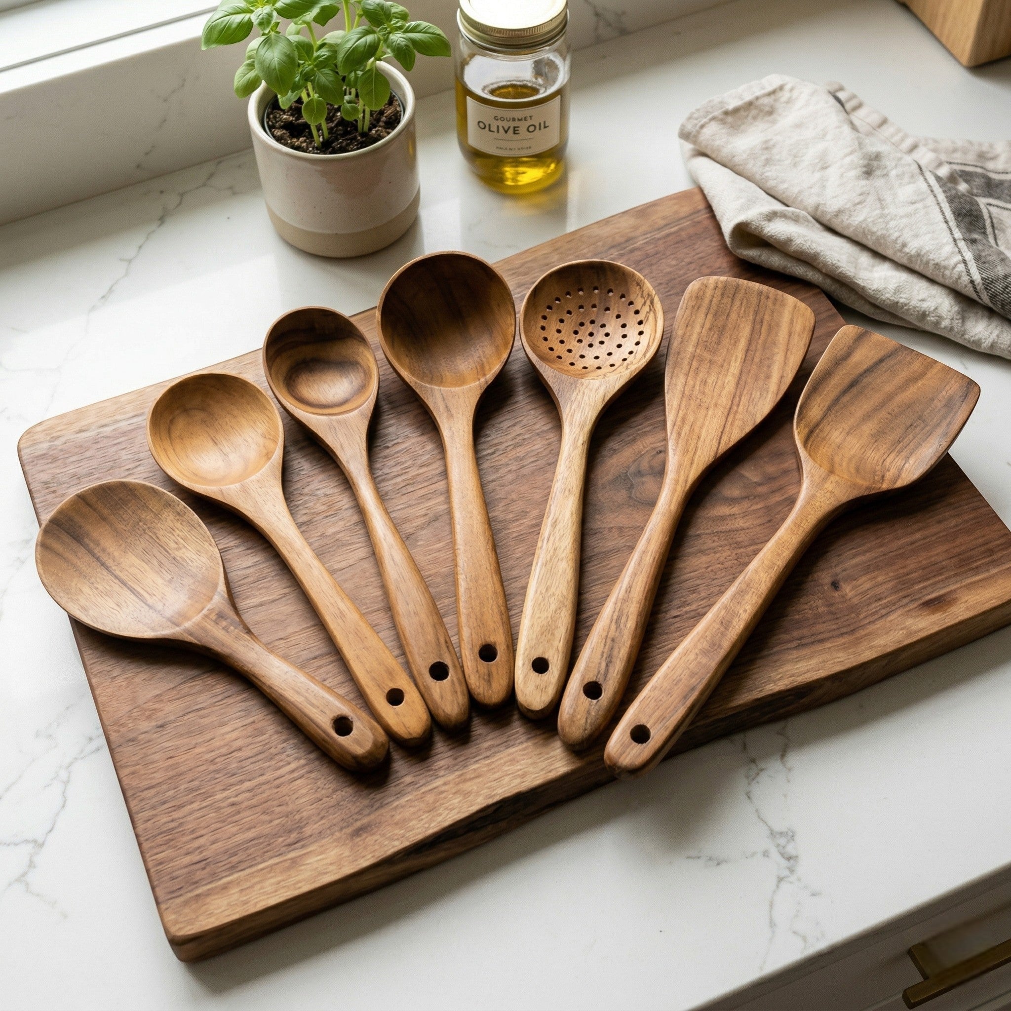 Wooden cooking utensil set with various kitchen tools - Cooking Utensils - Oaksoho