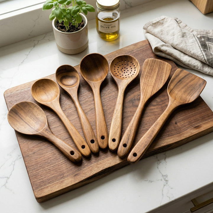 Wooden cooking utensil set with various kitchen tools - Cooking Utensils - Oaksoho