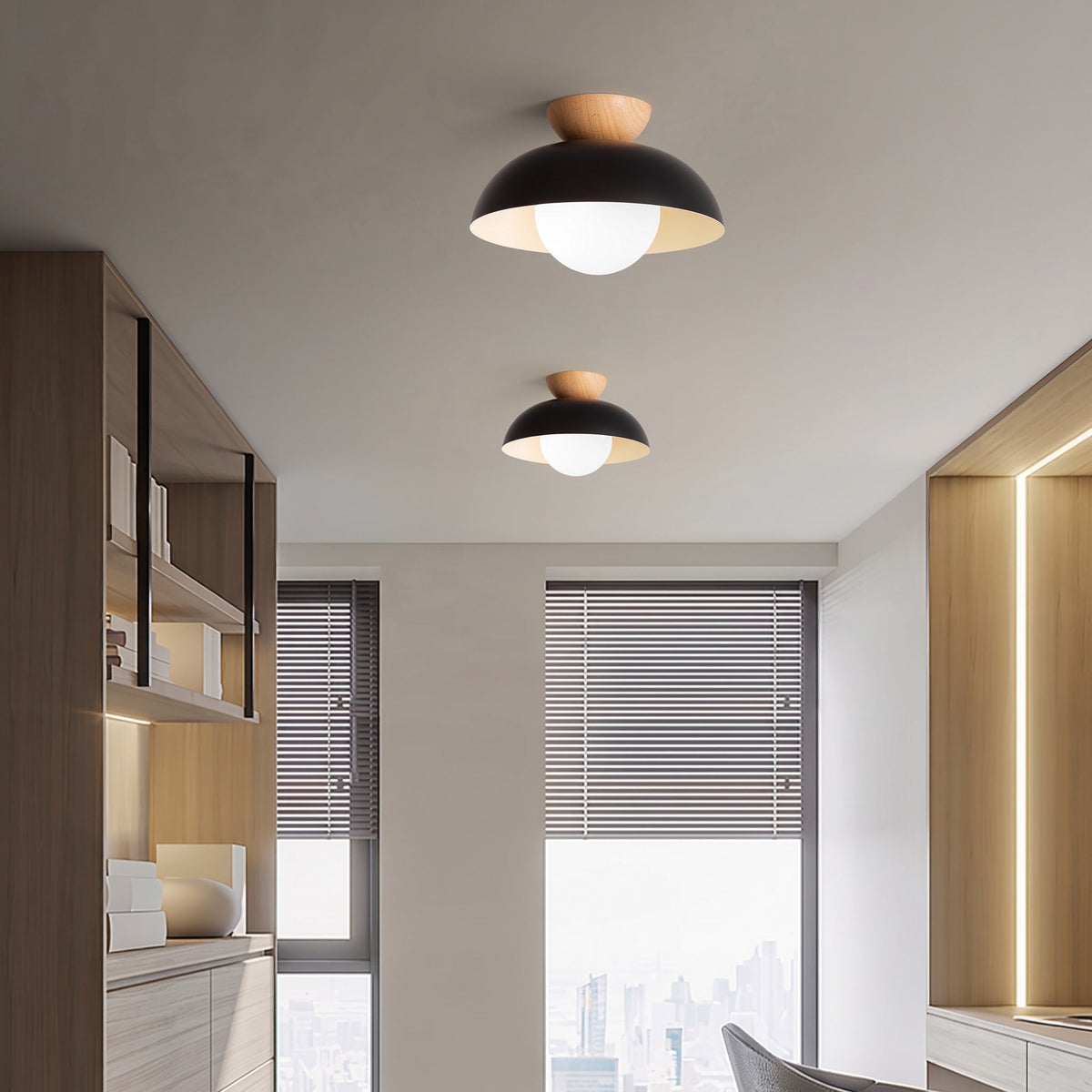Wooden Dome Semi-Flush Ceiling Light with Globe Diffuser - Ceiling Light Fixtures - Black - Oak Soho