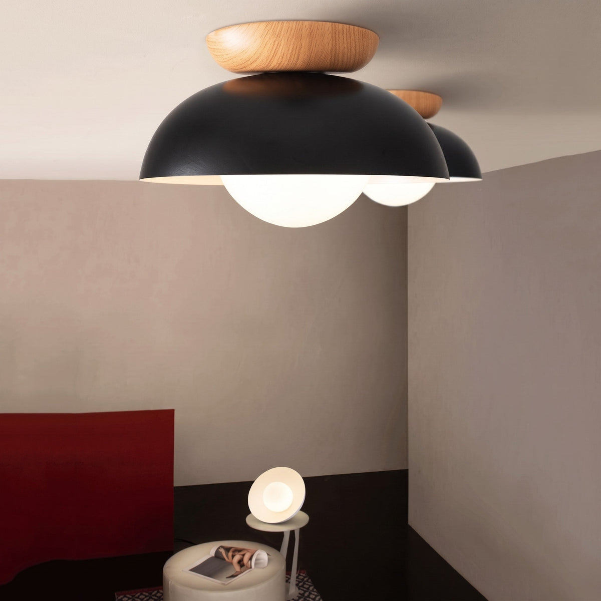 Wooden Dome Semi-Flush Ceiling Light with Globe Diffuser - Ceiling Light Fixtures - Black - Oak Soho
