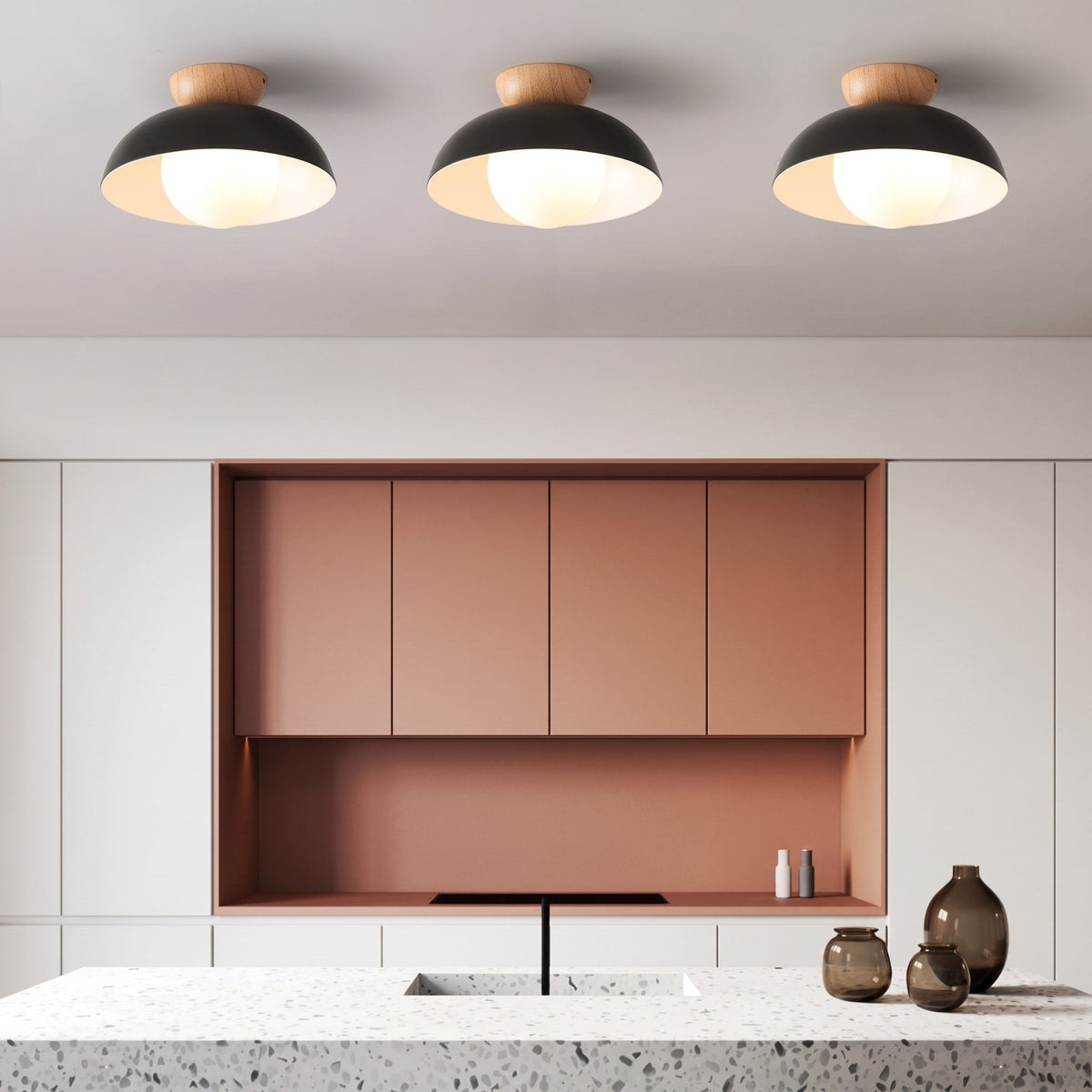 Wooden Dome Semi-Flush Ceiling Light with Globe Diffuser - Ceiling Light Fixtures - Black - Oak Soho