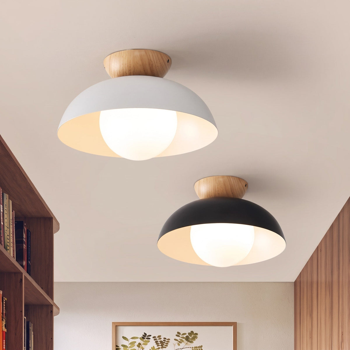 Wooden Dome Semi-Flush Ceiling Light with Globe Diffuser - Ceiling Light Fixtures - White - Oak Soho