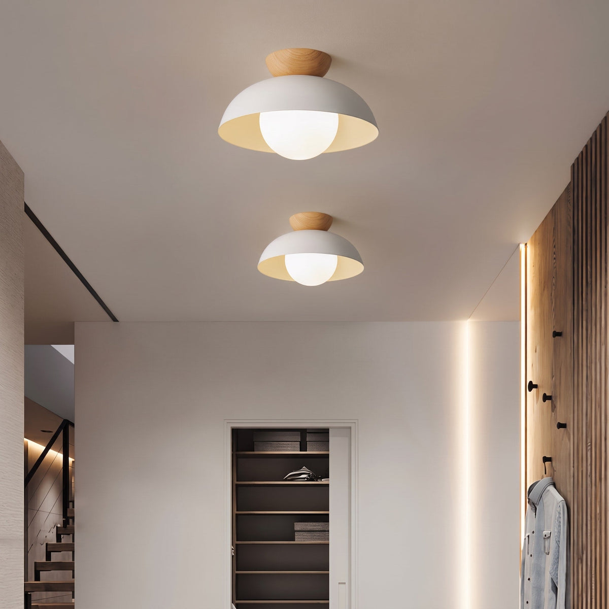 Wooden Dome Semi-Flush Ceiling Light with Globe Diffuser - Ceiling Light Fixtures - White - Oak Soho