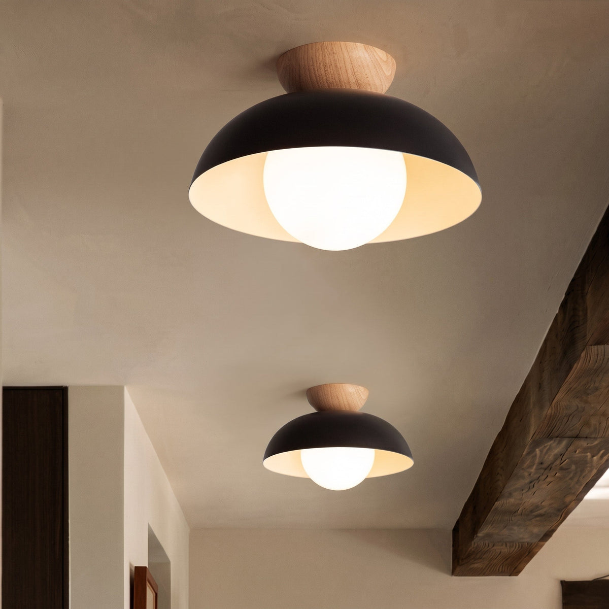 Wooden Dome Semi-Flush Ceiling Light with Globe Diffuser - Ceiling Light Fixtures - Black - Oak Soho