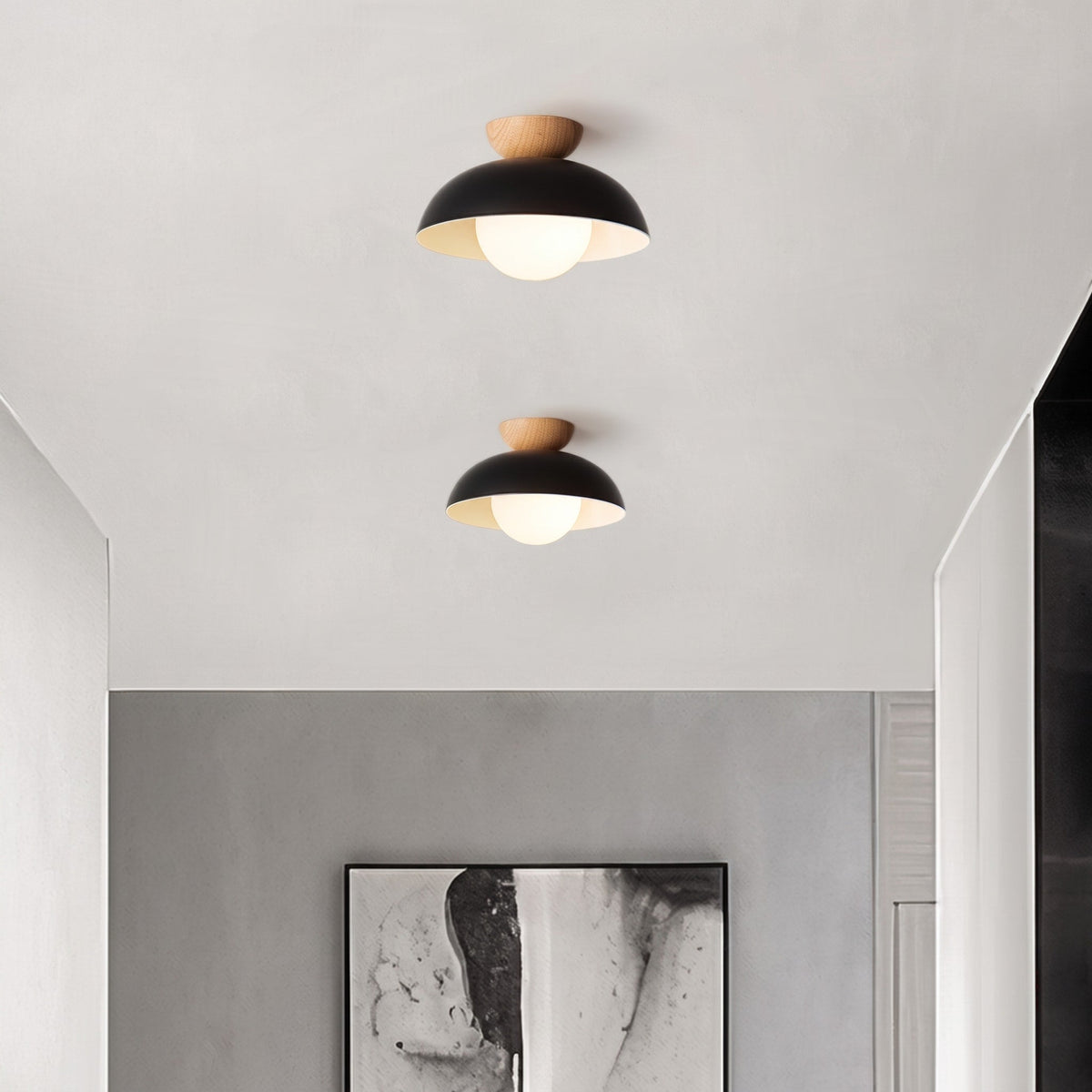 Wooden Dome Semi-Flush Ceiling Light with Globe Diffuser - Ceiling Light Fixtures - Black - Oak Soho