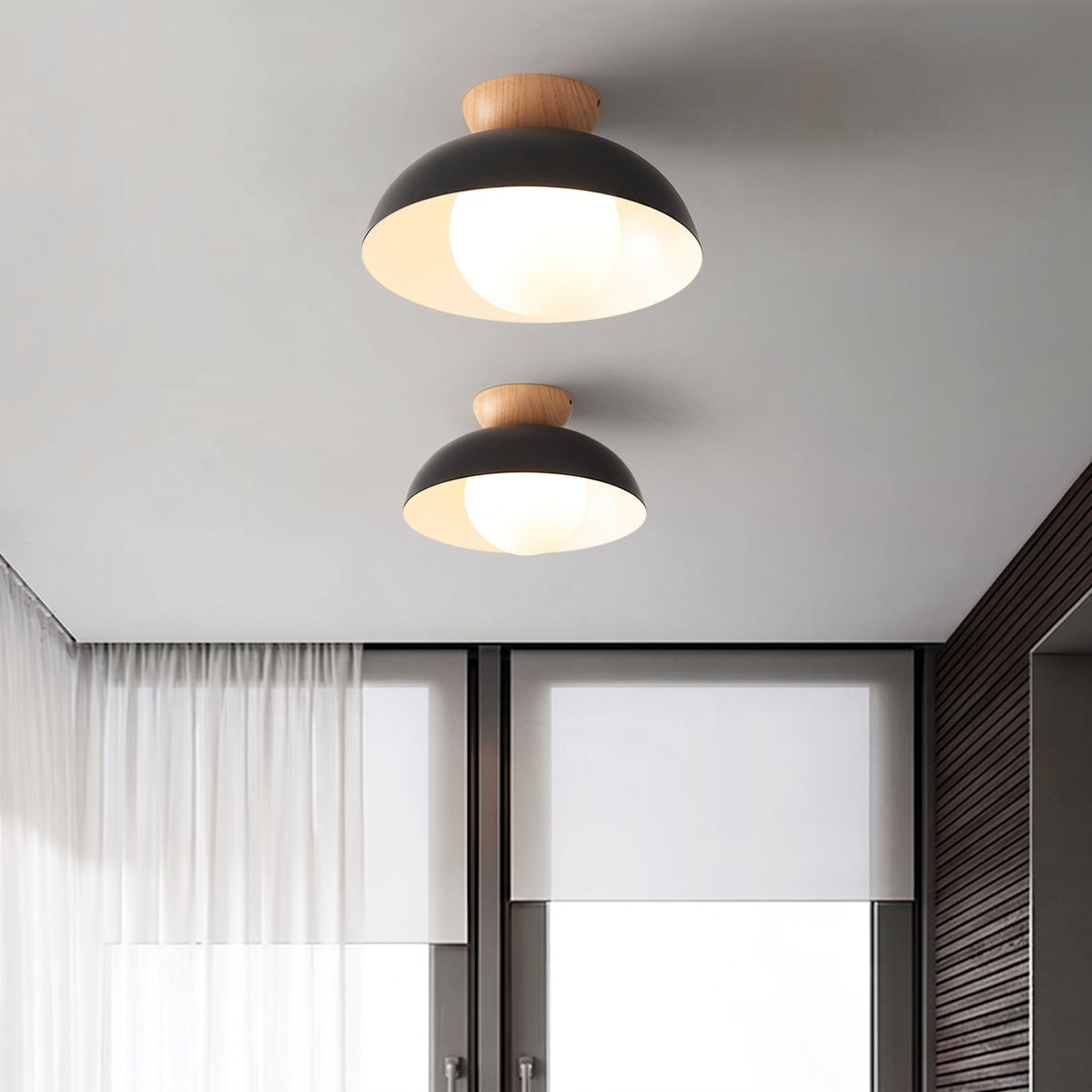 Wooden Dome Semi-Flush Ceiling Light with Globe Diffuser - Ceiling Light Fixtures - Black - Oak Soho