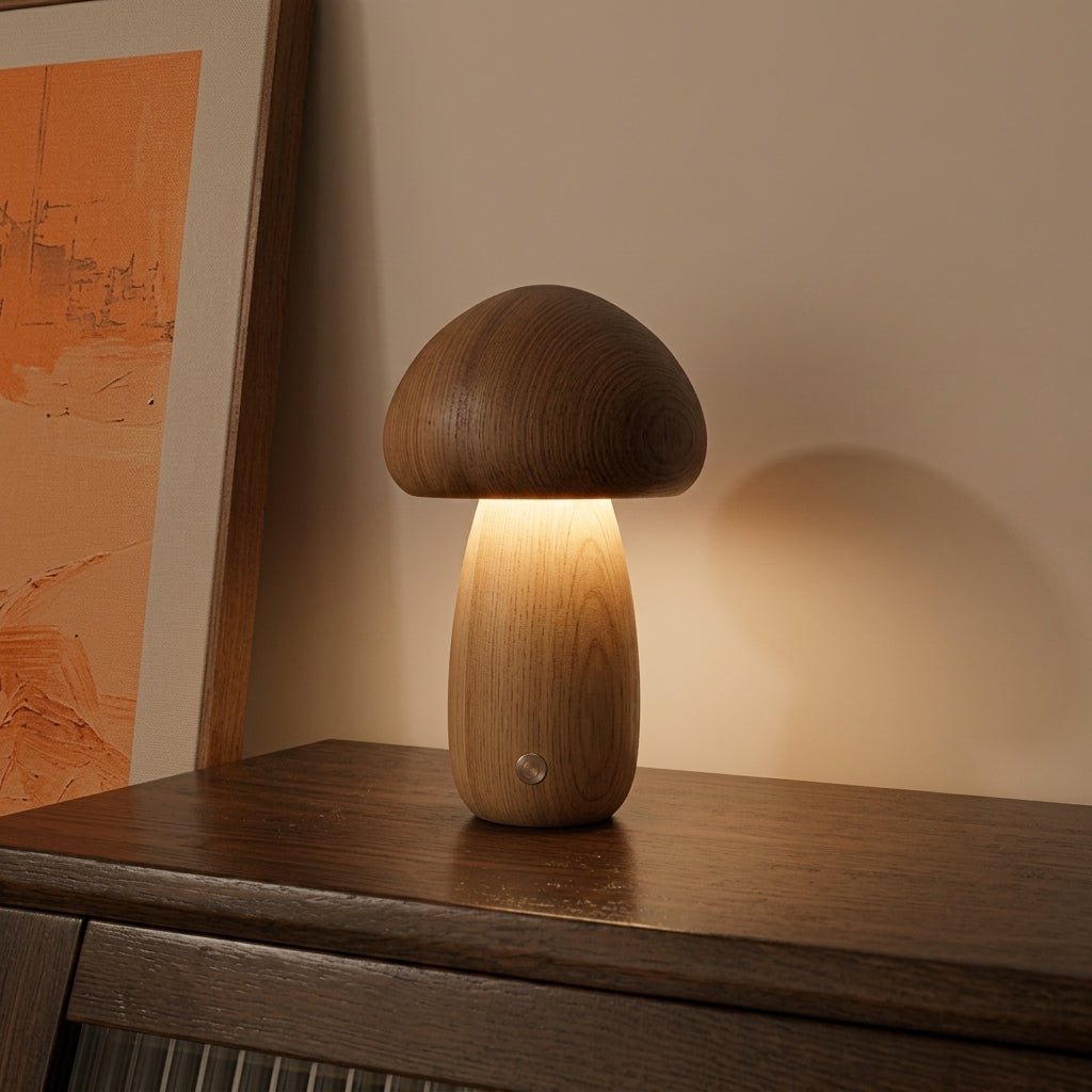 Wooden Mushroom LED Warm Light Desk Lamp - Table Lamps - Light Brown - Oaksoho