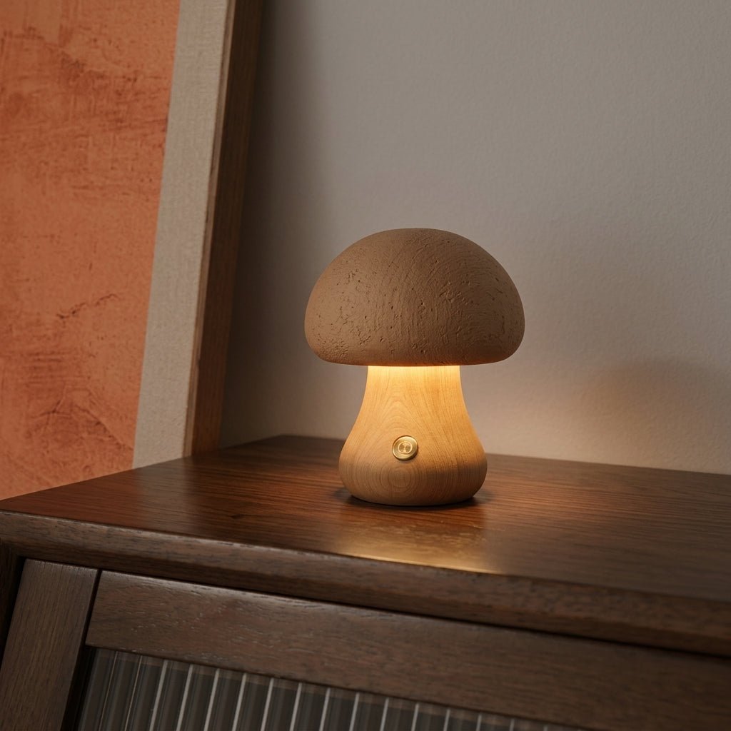 Wooden Mushroom LED Warm Light Desk Lamp - Table Lamps - Light Brown - Oaksoho