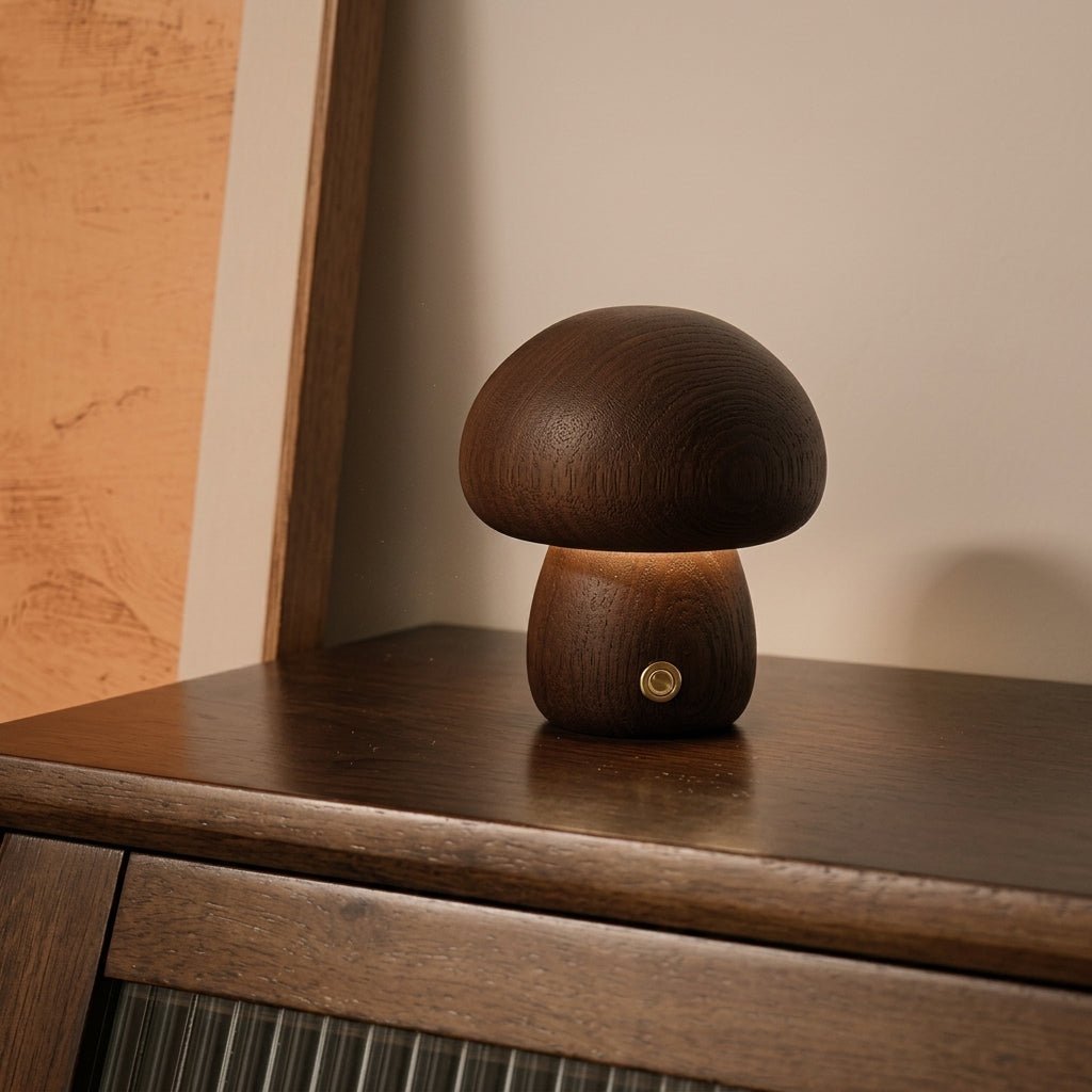 Wooden Mushroom Table Lamp Natural Décor Accent - Table Lamps - Dark Brown (Small) - Oaksoho