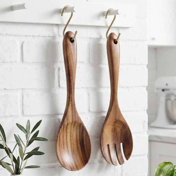 Wooden serving utensil set with spoon and fork - Salad fork and spoon set - Oaksoho