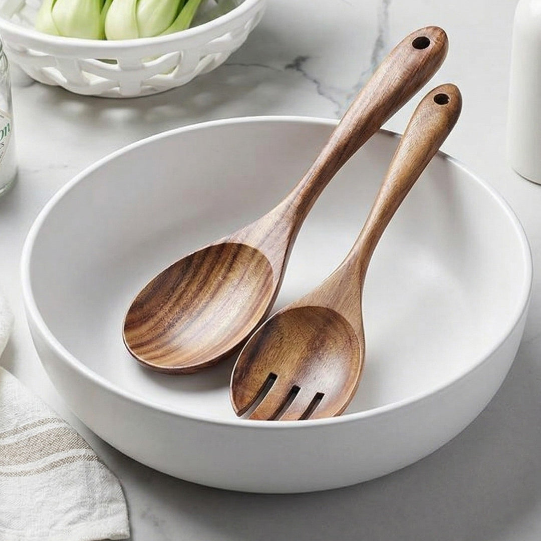 Wooden serving utensil set with spoon and fork - Salad fork and spoon set - Oaksoho