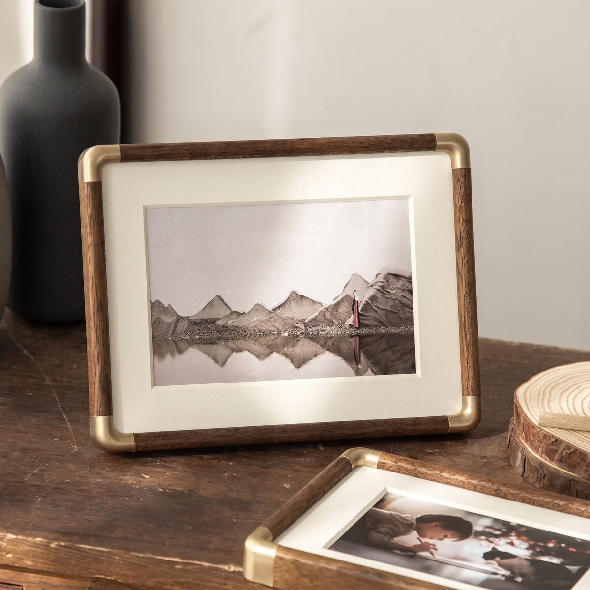 Wooden Tabletop Photo Frame with Gold Corner Trim - Picture Frames - Dark Brown - Oaksoho