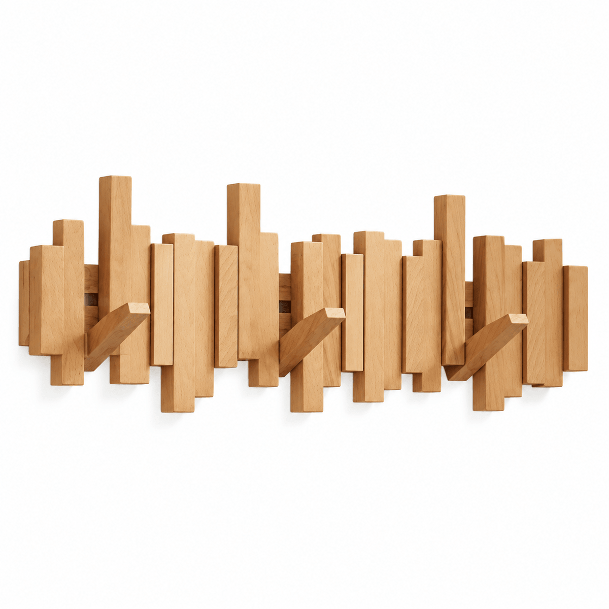 Wooden Wall Mounted Coat Rack with Folding Hooks - Utility Hooks - Light Brown - Oak Soho