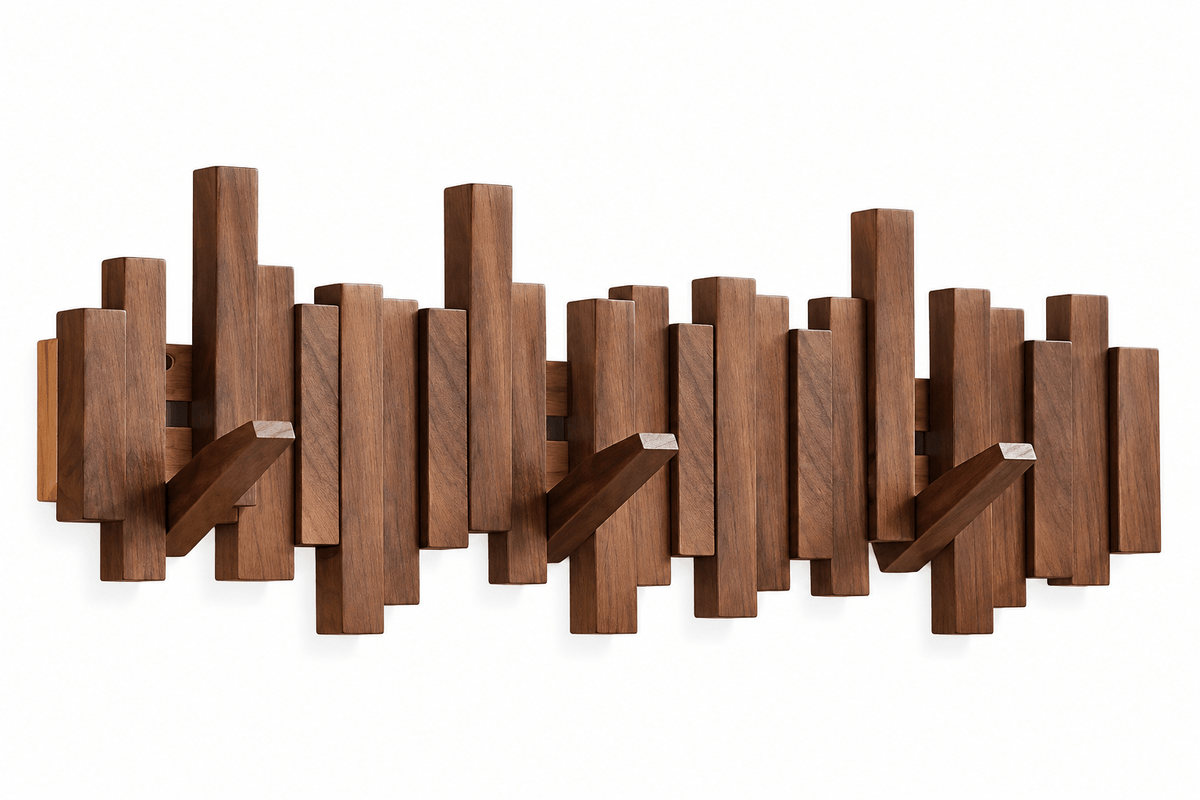 Wooden Wall Mounted Coat Rack with Folding Hooks - Utility Hooks - Dark Brown - Oak Soho