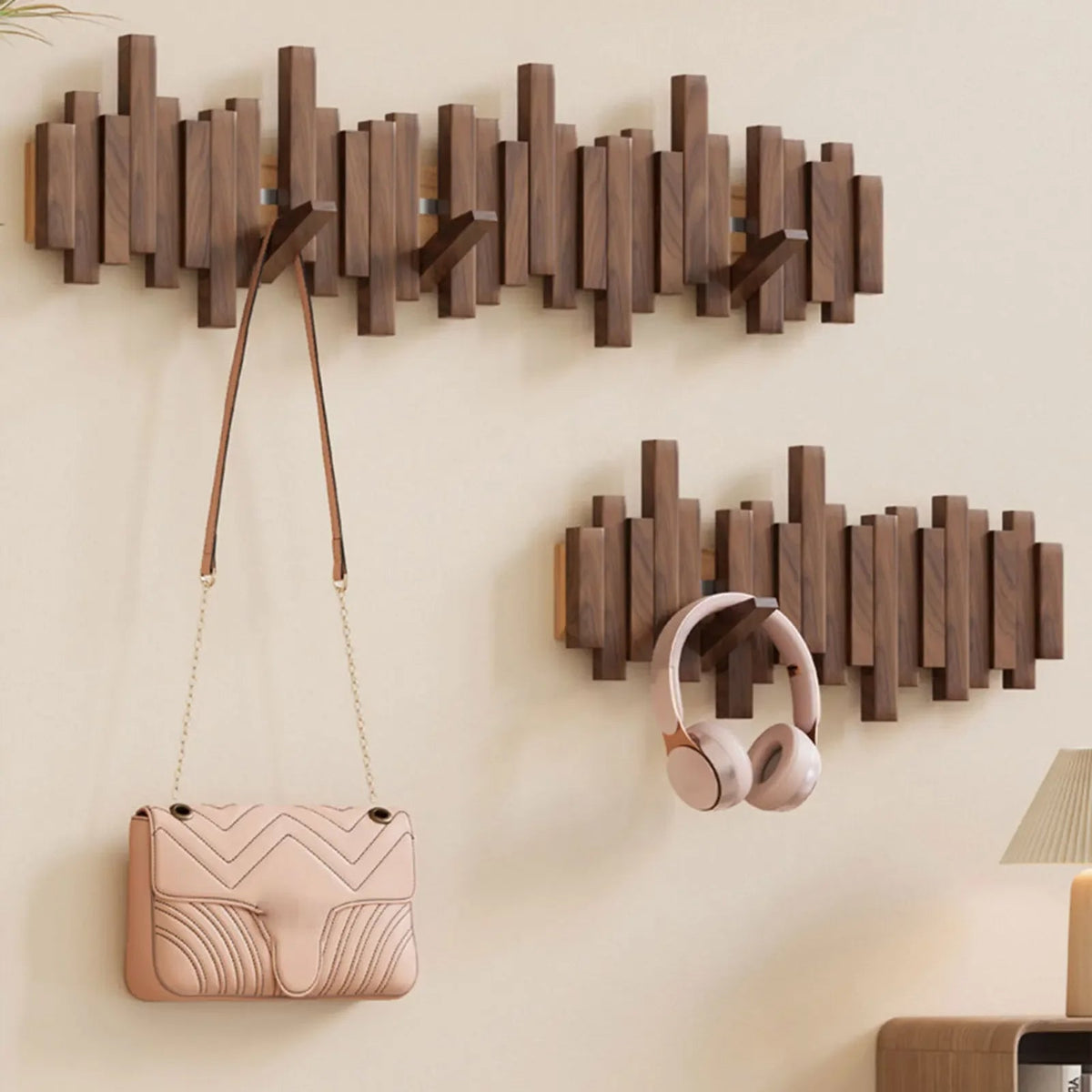 Wooden Wall Mounted Coat Rack with Folding Hooks - Utility Hooks - Dark Brown - Oak Soho