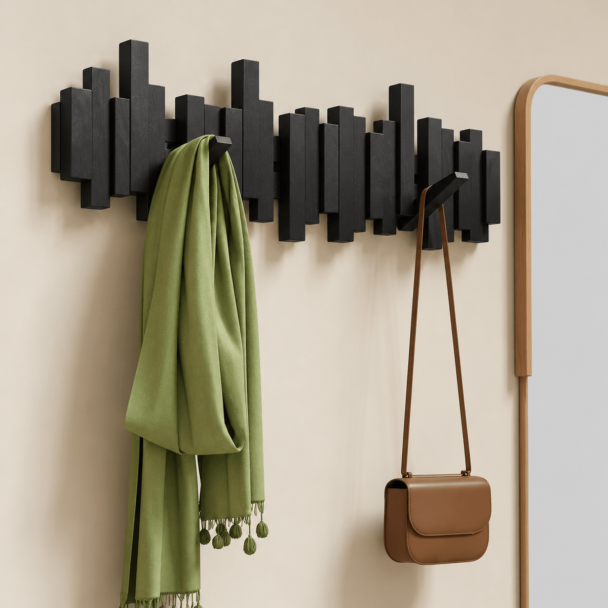 Wooden Wall Mounted Coat Rack with Folding Hooks - Utility Hooks - Black - Oak Soho