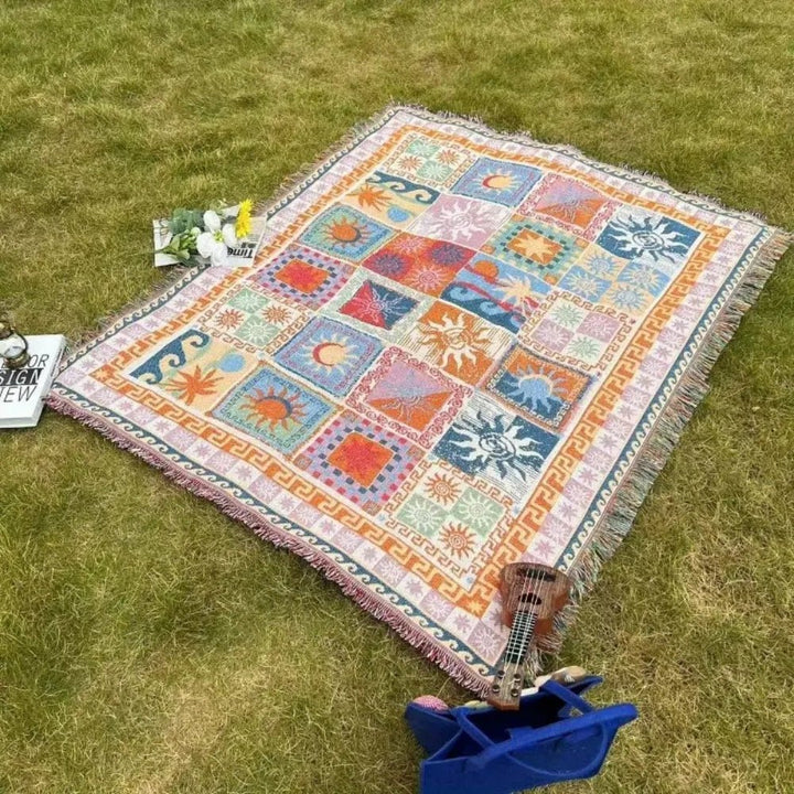 Woven Picnic Blanket with Boho Patchwork Pattern and Fringes - Picnic Blanket - 180x130 cm - Oaksoho