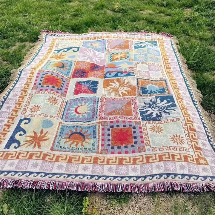 Woven Picnic Blanket with Boho Patchwork Pattern and Fringes - Picnic Blanket - 180x130 cm - Oaksoho