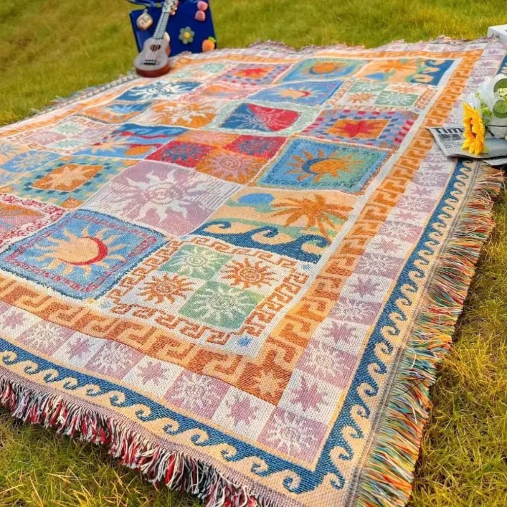 Woven Picnic Blanket with Boho Patchwork Pattern and Fringes - Picnic Blanket - 180x130 cm - Oaksoho