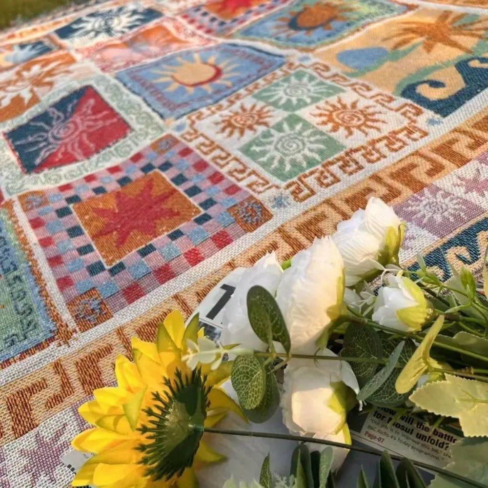Woven Picnic Blanket with Boho Patchwork Pattern and Fringes - Picnic Blanket - 180x130 cm - Oaksoho