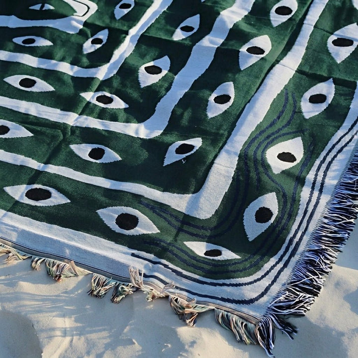Woven Throw Blanket with Evil Eye Pattern and Fringed Edge - Picnic Blanket - Oaksoho