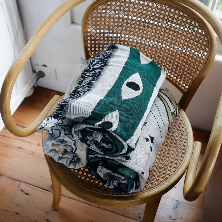 Woven Throw Blanket with Evil Eye Pattern and Fringed Edge - Picnic Blanket - Oaksoho