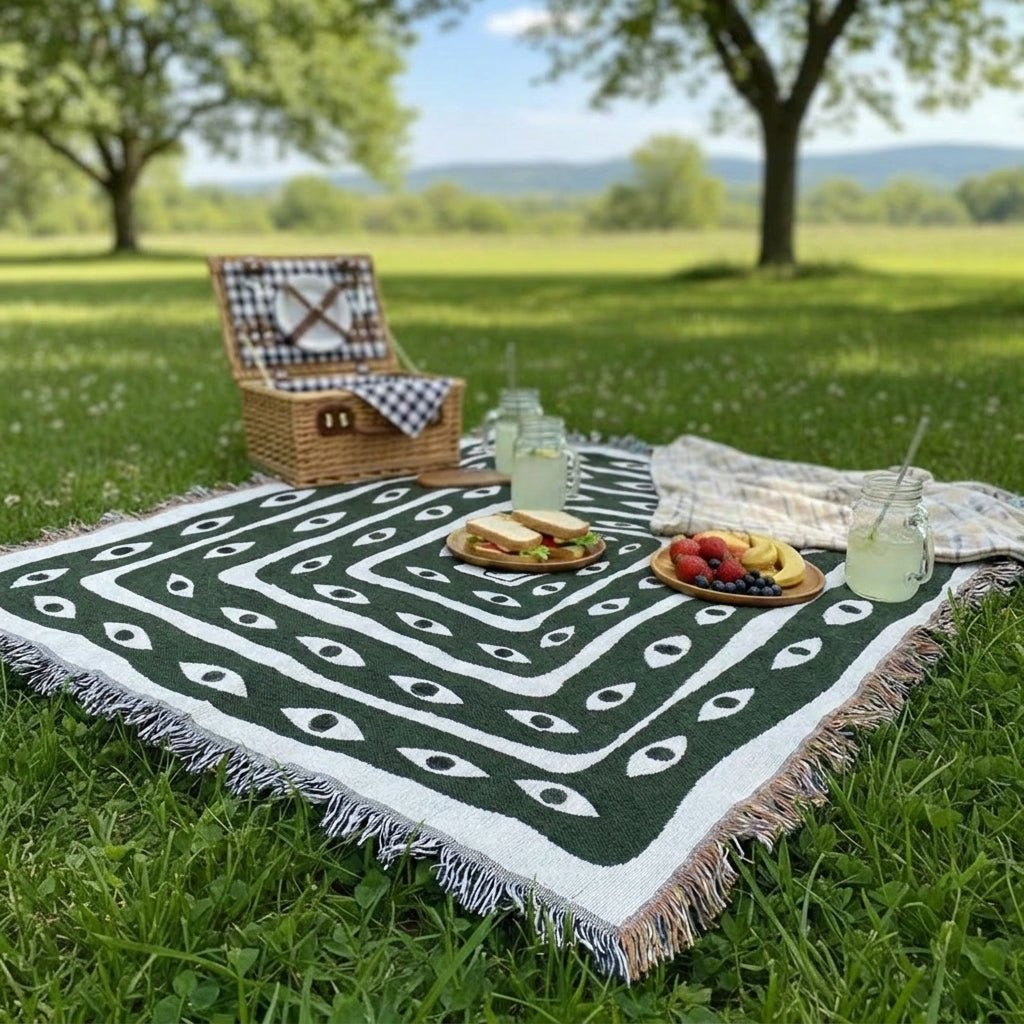 Woven Throw Blanket with Evil Eye Pattern and Fringed Edge - Picnic Blanket - Oaksoho