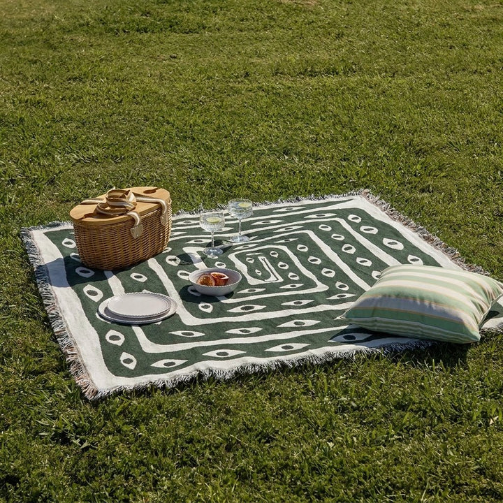 Woven Throw Blanket with Evil Eye Pattern and Fringed Edge - Picnic Blanket - Oaksoho
