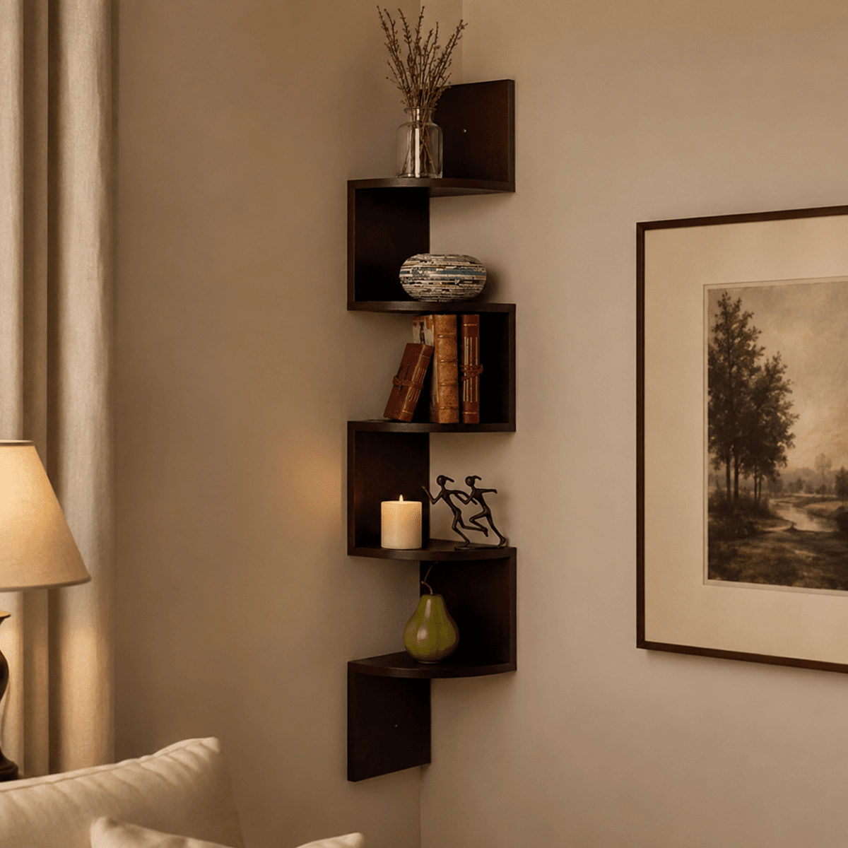 Zigzag Floating Corner Shelf 5 Tier Wall Mounted Display Unit - Corner Wall Shleves & Ledges - Dark Brown - Oak Soho